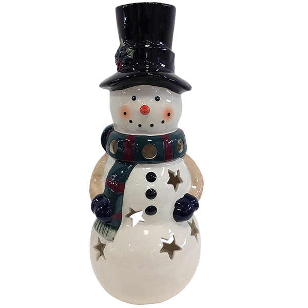 Holiday Snowman Candle Lantern - Solid Stoneware Christmas Statuary